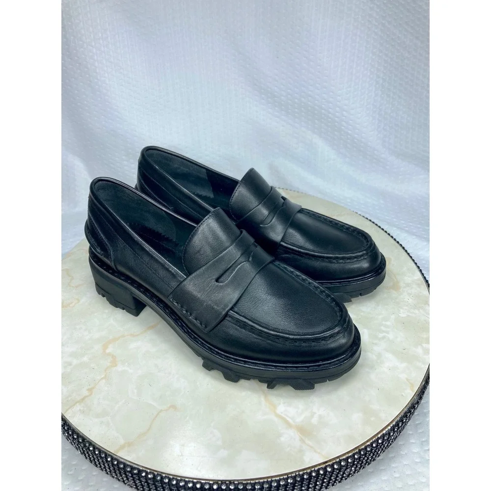 Rag & Bone Corey Chunky Lug Sole Penny Loafers Women 7 Black Leather Comfy Shoes